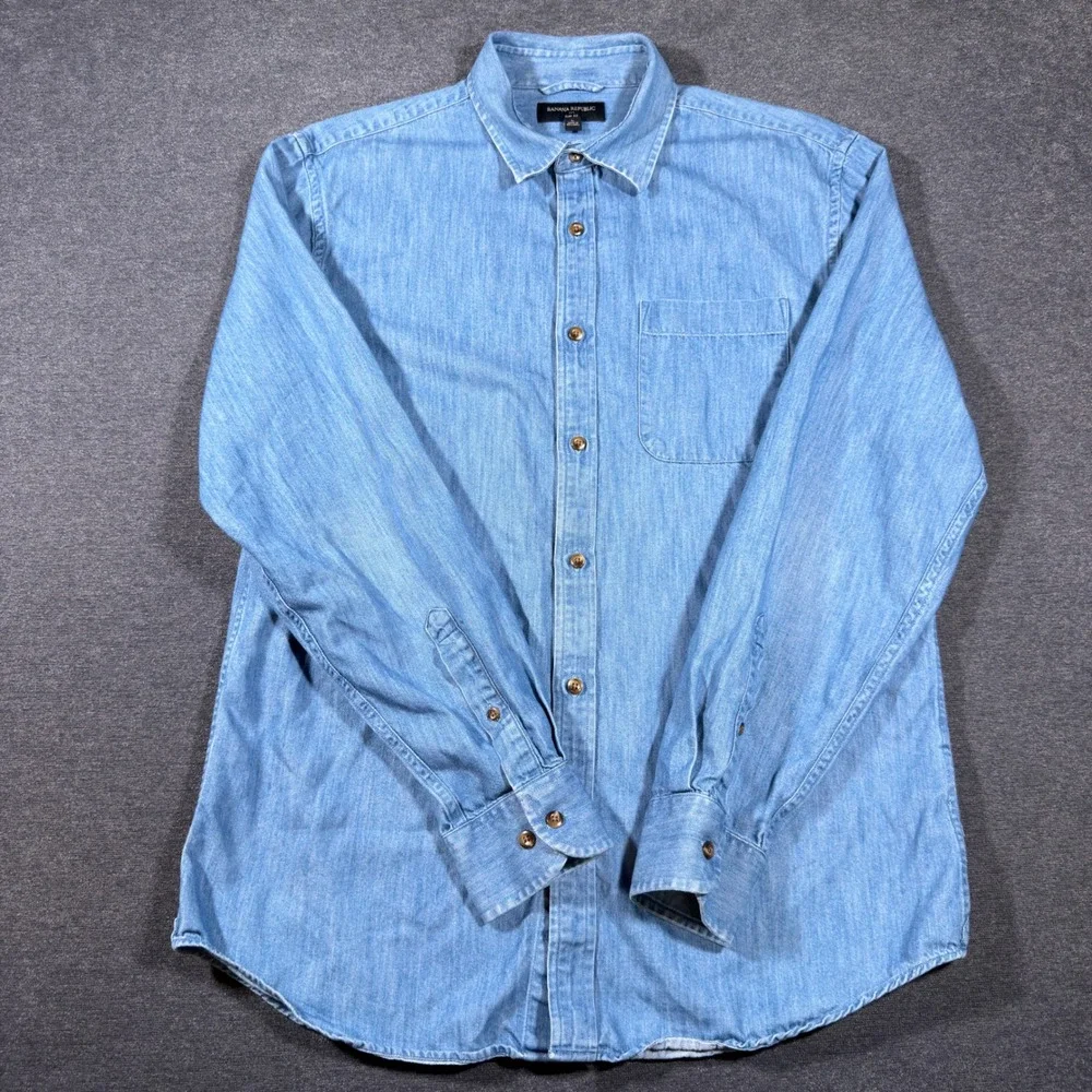 Banana Republic Button Down Shirt Mens Large Blue Slim Fit Denim Cotton Stretch